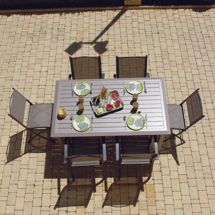 Ensemble Repas Table rectangle fixe MAJUNGA  160x95x75cm + 6 fauteuils ANTSUI Moka