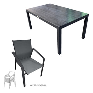 Ensemble Repas Table rectangle SOA fixe 160x95x75cm + 6 Fauteuils empilables ANTSUI SOA gris graphite